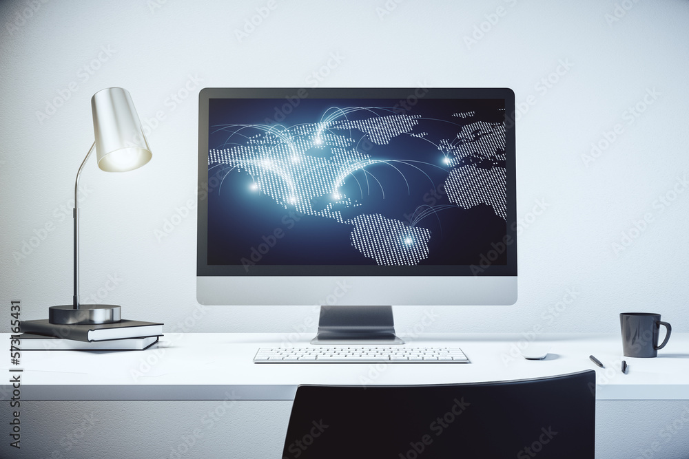 Fototapete modern computer monitor with abstract digital world map with connections, research and strategy conc