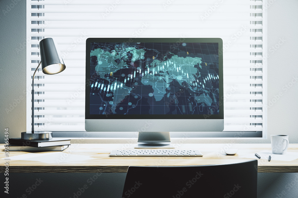 Poster modern computer monitor with abstract creative financial chart with world map, research and strategy