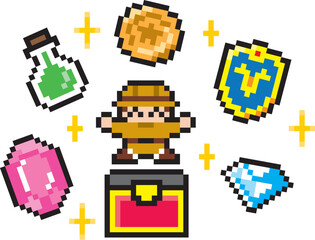 探検ゲーム風ドット絵　宝箱を開ける探検家