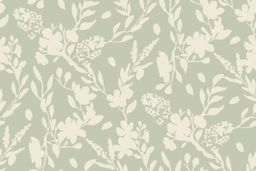 Delicate pastel silhouette of leaves and flowers seamless pattern
