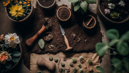Fototapeta na wymiar Spring Seedling, Potting, and Gardening Flat Lay - Soil, Flowers, Herbs, and Plants in Greens and Earthy Tones - Generative AI