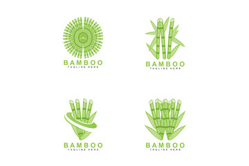 Bamboo Logo Design, Green Tree Vector, Panda Food, Product Brand Template Illustration