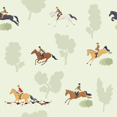 Tradition fox hunting with horse riders english style on landscape, vector seamless pattern