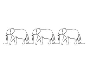 abstract three elephants walking one after another in a row , hand-drawn, continuous monoline, drawing in one line