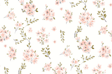 Spring summer green delicate seamless pattern with blooming apple tree or sakura.