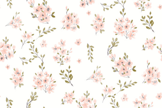Spring summer green delicate seamless pattern with blooming apple tree or sakura.