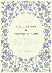 Wedding marriage thanks invitation chamomile primrose Beautiful blooming flowers fabric Vintage greeting card. Frame. Drawing engraving isolated floral Wallpaper background Vector baroque Illustration