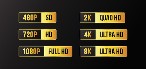480, 720, 1080, 2k, 4K, 8k Ultra HD logos with HDR mention, screen display resolution definition golden rectangle bar sticker design.