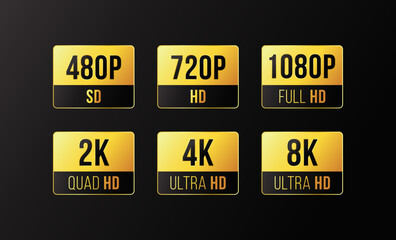 480p sd, 720p hd , 1080p fhd, 2k quad hd, 4K ultra hd, 8k Ultra HD icon with HDR mention, screen display resolution. Gold rectangle sticker badge design.