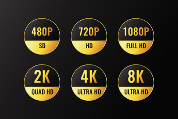 480p, 720p, 1080p, 2k, 4K, 8k Ultra HD logos with HDR mention, monitor display resolution gold round sticker badge design.