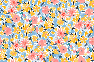bright contrast multicolored floral pattern with brush strokes of paint