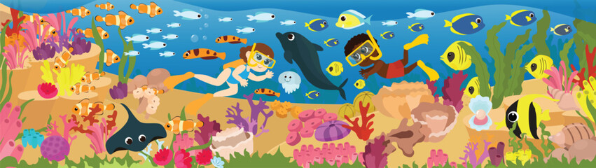 Obraz na płótnie Canvas A boy and a girl aqua divers swim underwater with fish. Rich underwater world and many fish, algae and plants. Horizontal scene near coral reefs in cartoon style.