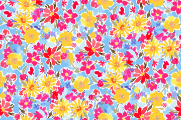bright contrast multicolored floral pattern with brush strokes of paint