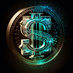 Bitcoin currency icon in dark blue background with vibrant modern and hologram lines sci-fi style futursitic
