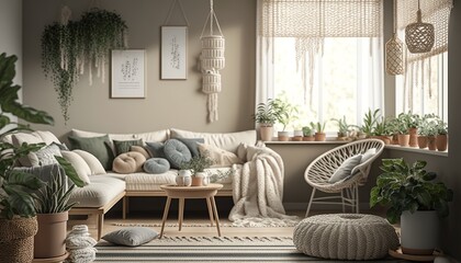 beautiful livingroom  interior with macrame pattern