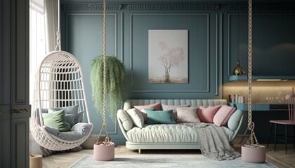 beautiful livingroom  interior with macrame pattern