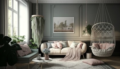 beautiful livingroom  interior with macrame pattern