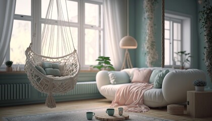 Fototapeta na wymiar beautiful livingroom interior with macrame pattern