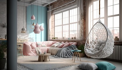 beautiful livingroom  interior with macrame pattern