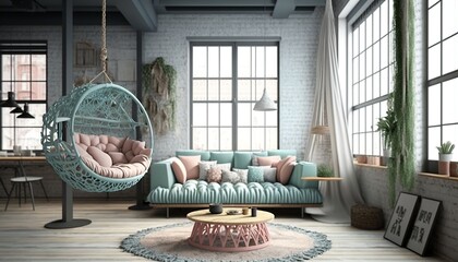beautiful livingroom  interior with macrame pattern
