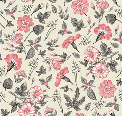 Seamless pattern. Beautiful fabric blooming realistic isolated flowers. Vintage background primrose petunia wildflowers. Wallpaper baroque retro Drawing engraving sketch. Vector victorian Illustration