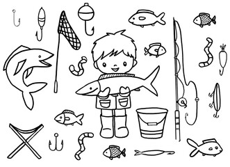 Boy fisherman, supplies, sketch