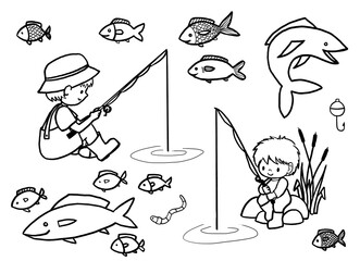 Little fishermans - black and white illustration 