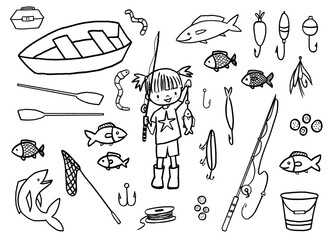 Fishing doodles. Illustration of a little girl fishing.