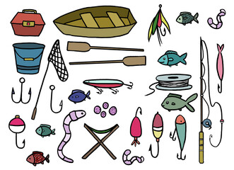 Fishing equipment doodle icons set. 