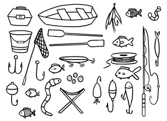 Fishing icons set. Outline illustration of fishing icons for web design.