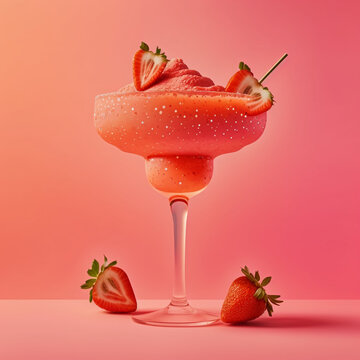 Beautiful Photography Of Strawberry Margarita Cocktail On A Pink Background