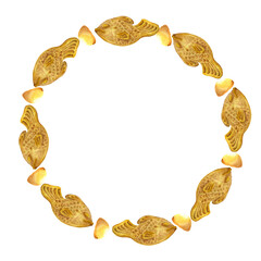 Watercolor hand drawn traditional Japanese sweets. Circle wreath of taiyaki and mochi with leaves. Isolated on white background. Design for invitations, restaurant menu, greeting cards, print, textile