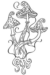 Fantasy Magic mushrooms. Psychedelic hallucination. Magical potion ingredients. 60s hippie art. Witchy tattoos. Esoteric clipart. Outline vector illustration isolated on white.