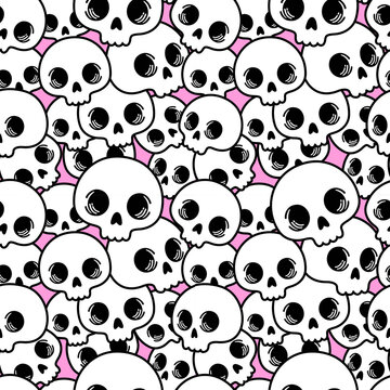 Cute pattern of human skulls. Funny skull faces. Monochrome ornament. Scary Halloween pattern. Suitable for printing on fabric. Cute skulls. Halloween seamless illustration.