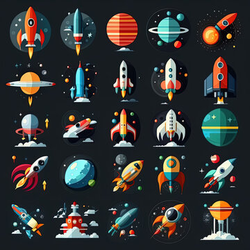  todda flat icons setspace rocket vector illustrations, generative artificial intelligence