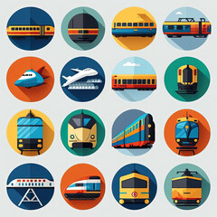  flat icons set transportation train vector illustrations, generative artificial intelligence