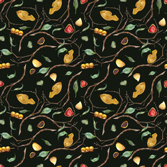 Watercolor seamless pattern with hand drawn traditional Japanese sweets. Taiyaki, mitarashi dango, mochi. Isolated on dark background. Invitations, restaurant menu, greeting cards, print, textile