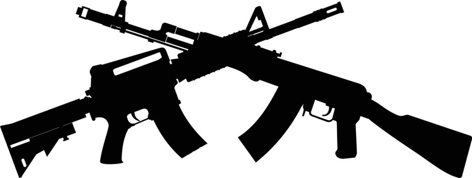 two crossed American M16 assault rifles and Russian Kalashnikov assault rifle