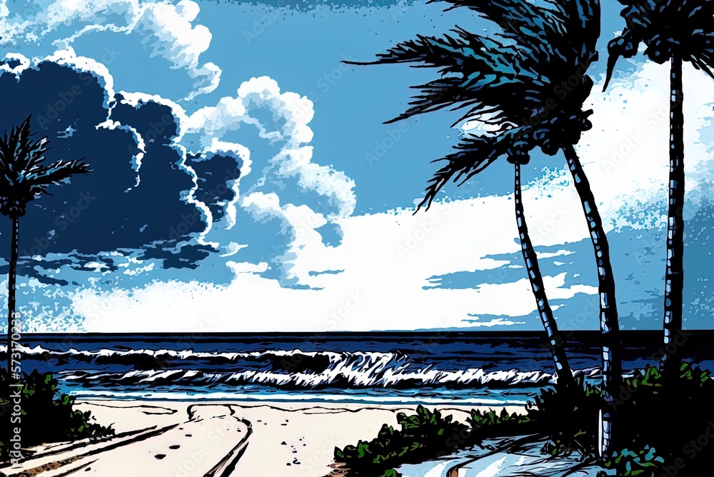 Poster on an overcast day, a vertical image of the ocean and palm palms on the beach. generative ai