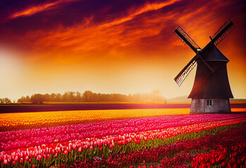 windmill in the country with tulips field, Generative AI Art Illustration 