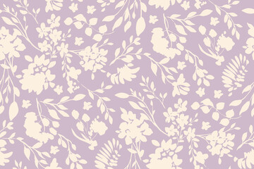 bicolor contour silhouette seamless pattern with flowers and leaves. Abstract floral spring, summer pattern.