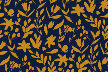 bicolor contour silhouette seamless pattern with flowers and leaves. Abstract floral spring, summer pattern.