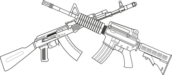 two crossed American M16 assault rifles and Russian Kalashnikov assault rifle