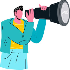 Man with telescope for topic of information search or market research, business opportunity and looking forward concept.