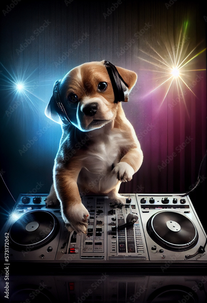 Wall mural Cool dog dj works at the dj console. AI generated.