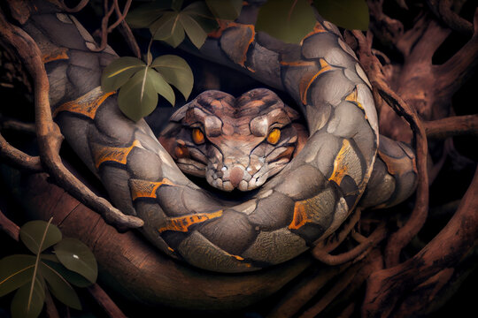 Giant python in the branches of a tree. AI generated.