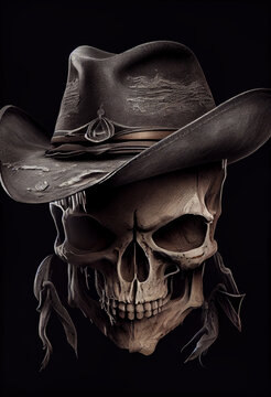 Human skull in a cowboy hat. AI generated.