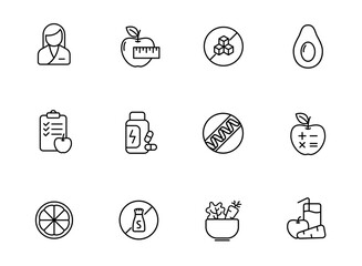 healthy food outline icons isolated on white background. healthy food line icons for web and ui design, mobile apps, print polygraphy and promo advertising business