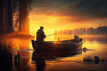 Naklejka na ściany i meble A fisherman catches fish in a picturesque lake at sunset. AI generated