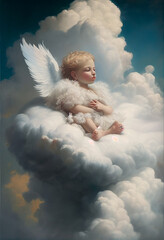 Cute angel sits on a cloud in the sky. AI generated